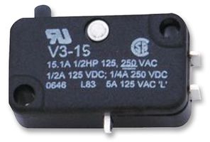 HONEYWELL V3-15 Microswitch, Standard, Pin Plunger, SPDT, Solder, 15.1 A, 250 VDC