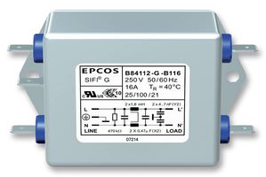 TDK B84112G0000B116 Power Line Filter, Chassis, General Purpose, 250 VAC, 16 A, Single Phase, 1 Stage, Chassis Mount