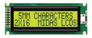MIDAS DISPLAYS MC21605J6W-SPR-V2 Alphanumeric LCD, 16 x 2, Black on Yellow / Green, 5V, Parallel, English, Japanese, Reflective