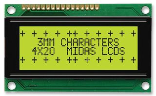 MIDAS DISPLAYS MC42004A6W-SPR-V2 Alphanumeric LCD, 20 x 4, Black on Yellow / Green, 5V, Parallel, English, Japanese, Reflective