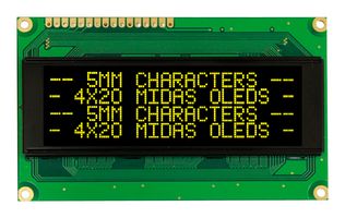 MIDAS DISPLAYS MCOB42005A1V-EYP Alphanumeric OLED, 20 x 4, Yellow on Black, 5V, Parallel, English, Cyrillic, Euro, Japanese