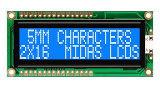 MIDAS DISPLAYS MC21605G6WD-BNMLW-V2 Alphanumeric LCD, 16 x 2, White on Blue, 5V, Parallel, English, Japanese, Transmissive