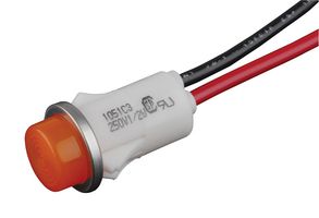 CHICAGO MINIATURE LIGHTING 1051C3 Neon Indicator, Snap In, 250 VAC, Wire Leaded, Amber, 12.7 mm, Round with Flat Top, 1.9 mA