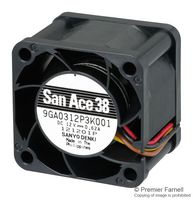 SANYO DENKI 9GA0312P3K001 DC Axial Fan, 12 V, Square, 38 mm, 28 mm, Ball Bearing, 21.2 CFM