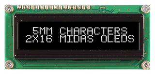 Midas Displays MCOB21605G1V-EWP Display, Oled, Cob, 16X2, White On Black