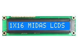 MIDAS DISPLAYS MC11608A6W1-BNMLW Alphanumeric LCD, 16 x 1, White on Blue, 5V, Parallel, English, Euro, Transmissive