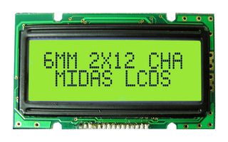 MIDAS DISPLAYS MC21205A6W1-SPTLY Alphanumeric LCD, 12 x 2, Black on Yellow / Green, 5V, Parallel, English, Japanese, Transflective