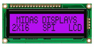 MIDAS DISPLAYS MD21605G6W1-FPTLRGBS Alphanumeric LCD, 16 x 2, Black on RGB, 5V, SPI, English, Japanese, Transflective