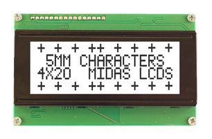 MIDAS DISPLAYS MC42005A6W-FPTLWS-V2 Alphanumeric LCD, 20 x 4, Black on White, 5V, SPI, English, Japanese, Transflective