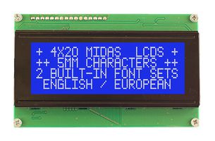 MIDAS DISPLAYS MC42005A6WK-BNMLW-V2 Alphanumeric LCD, 20 x 4, White on Blue, 5V, Parallel, English, Euro, Transmissive