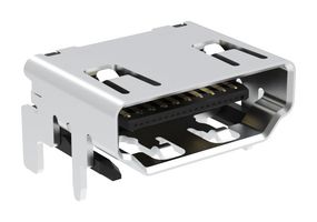 AMPHENOL COMMUNICATIONS SOLUTIONS G45AA1902110GZ3HR HDMI Connector, w/ Flange Screw Lock, 19 Contacts, Receptacle, PCB Mount, Surface Mount Right Angle