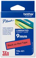 Brother TZE-421. Tape, Black On Red, 9mm W, 8M L