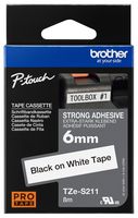 BROTHER TZE-S211 P-Touch Strong Adhesive Label Tape Black on White 1/4" / 6mm