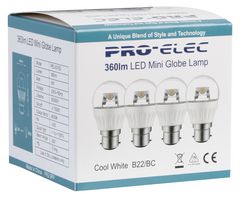 PRO ELEC PEL00152 LED Light Bulb, Clear Globe, BC / B22 / B22d / BA22 / BA22d, Cool White, 4000 K, Non-Dimmable