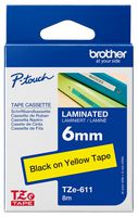 Brother TZE-611 Tape, Black On Yellow, 6mm W, 8M L