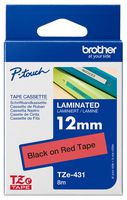 BROTHER TZE-431 Label Printer Tape, Adhesive-Laminated, Black on Red, 8 m x 12 mm