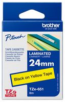 BROTHER TZE651 Label Printer Tape, TZE Series, Adhesive, Laminated, Black on Yellow, 24 mm x 8 m
