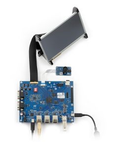 Figure 2: The STM32MP25 evaluation board with a display and camera module